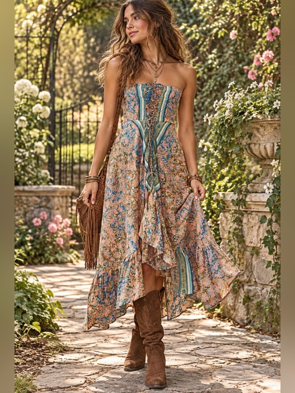 Karma Highway Strapless Floral Midi High Low Smocked Back Flowy Dress One Size